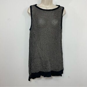 Eileen Fisher Open Knit  Crochet Sweater Tunic Top Women's Size L Black Cream.
